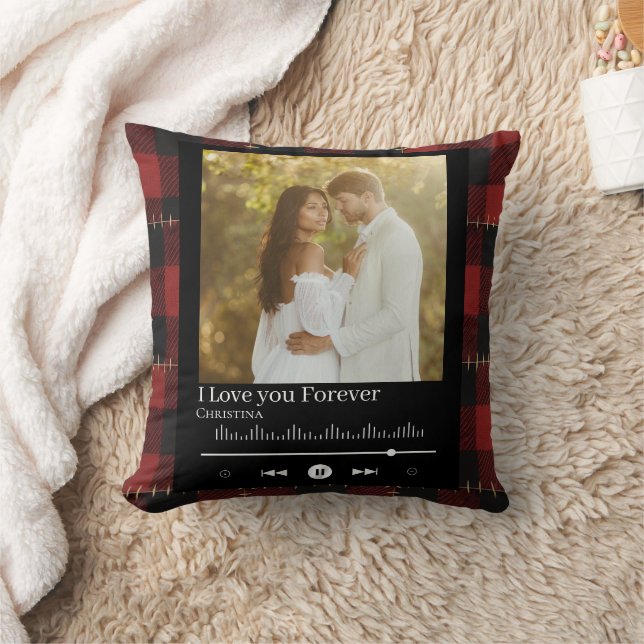 Coussin Music Frame Couple Photo Red Plaid  Name & Title  (Couverture)