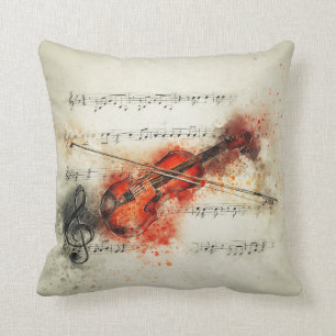 Coussin Musique de feuille d'aquarelle et violon