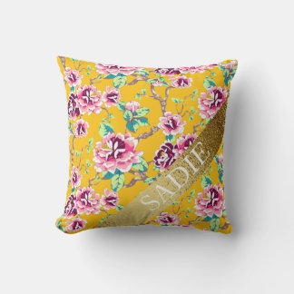 Coussin Mustard Jaune Rose Floral Or Personnalisé