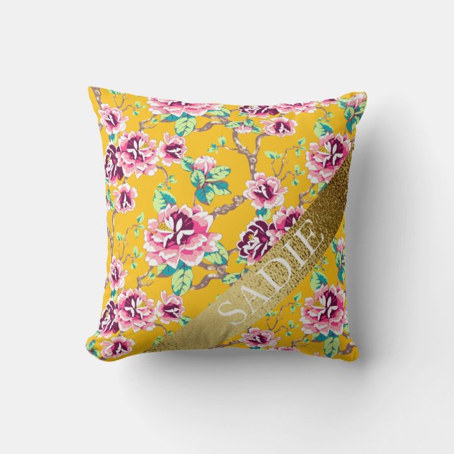 Coussin Mustard Jaune Rose Floral Or Personnalisé (Recto)