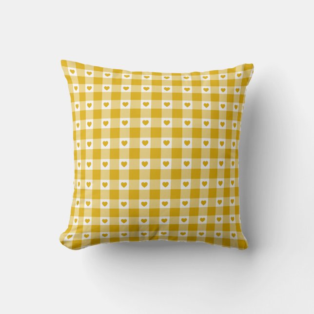 Coussin Mustard Yellow Heart Plaid Gingham Retro Color (Recto)