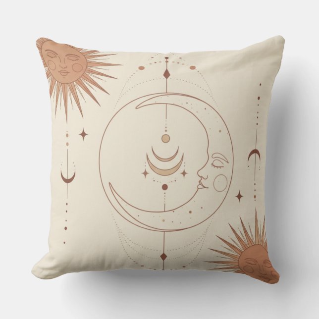 Coussin Mystic Sun and Moon Celestial Boho Throw Pillow (Recto)