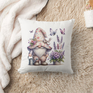 Coussin Nain de jardin fleur rose violet papillon lavande