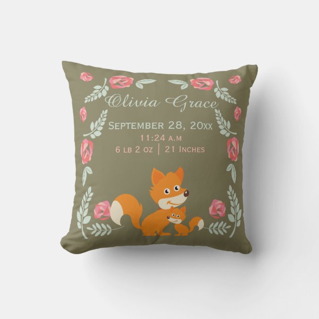 Coussin Naissance personnalisée Nouveau Renard bébé et Ros (Recto)