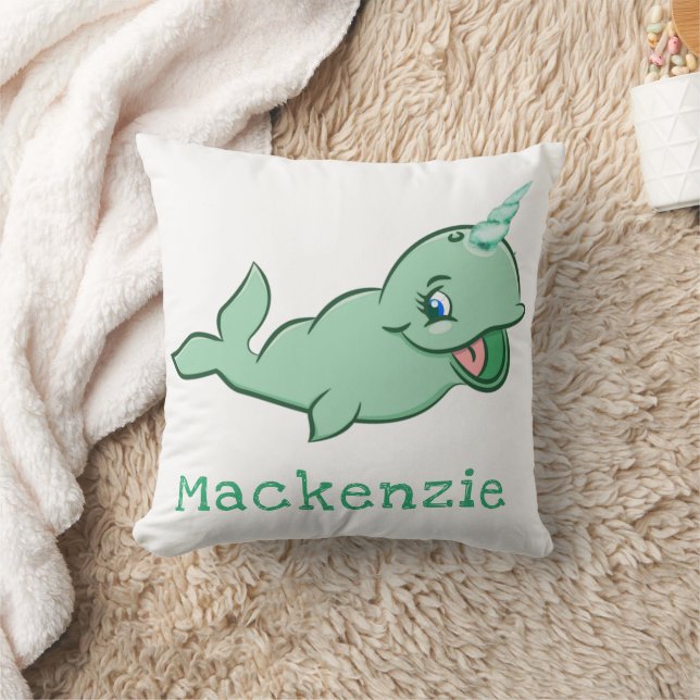 Coussin Narwhal Vert | Mignon Menthe Chibi Dessin Animé Pe (Couverture)