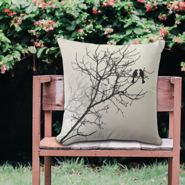 Coussin nature zen paysage noir blanc silhouette de l'arbr (zen nature landscape black white tree silhouette outdoor pillow)