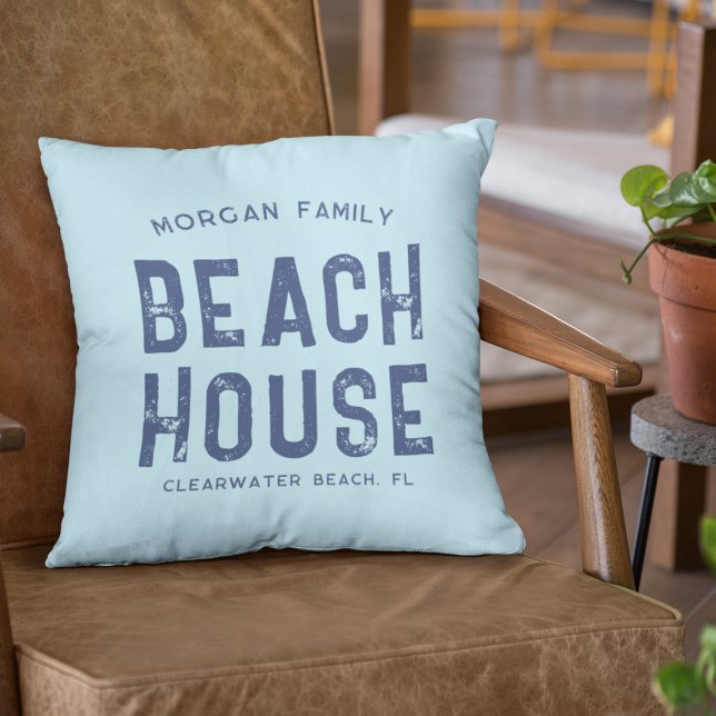 Coussin Nautical Aqua Blue & White Beach House Nom de fami (Créateur téléchargé)