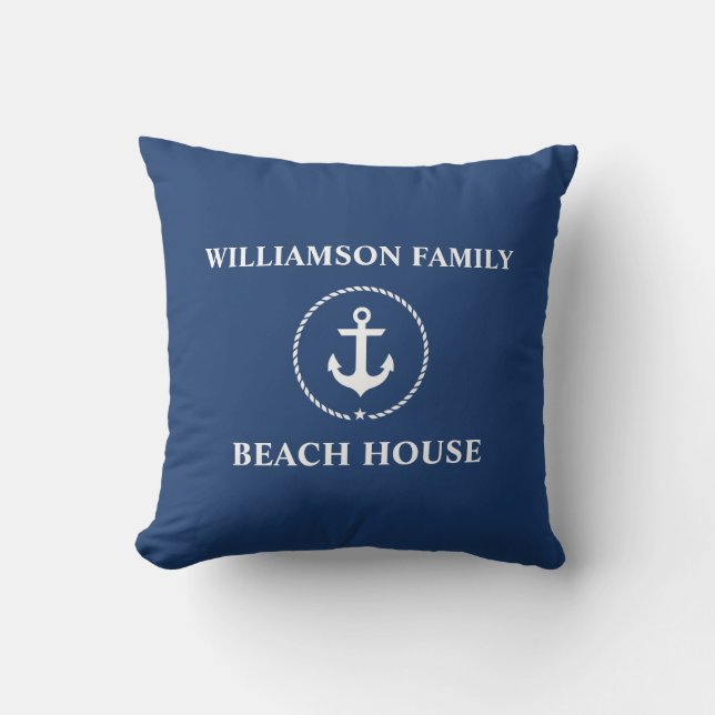 Coussin Nautical Beach House Nom de famille Ancre Marine B (Recto)