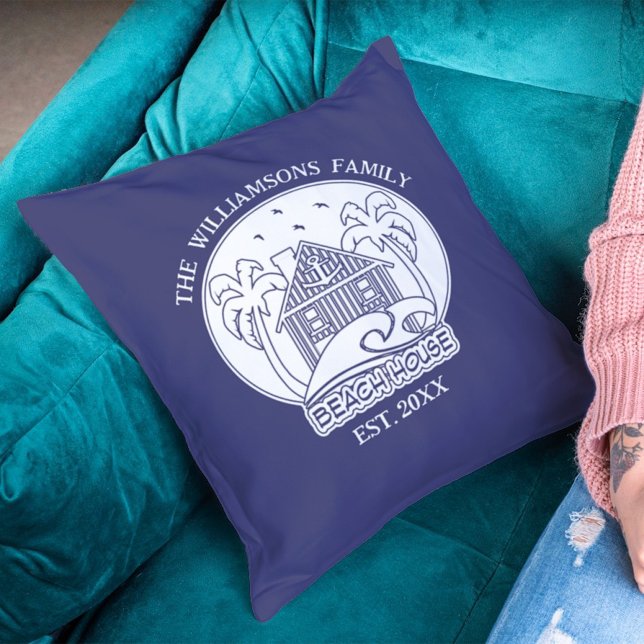 Coussin Nautical Beach House Nom de famille Bleu et blanc (Créateur téléchargé)