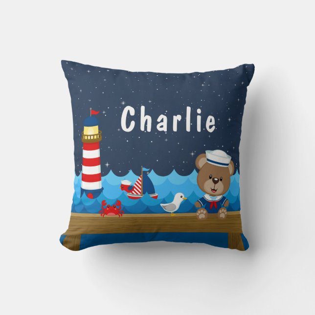 Coussin Nautical Boy Bear Rouge et Marine (Recto)