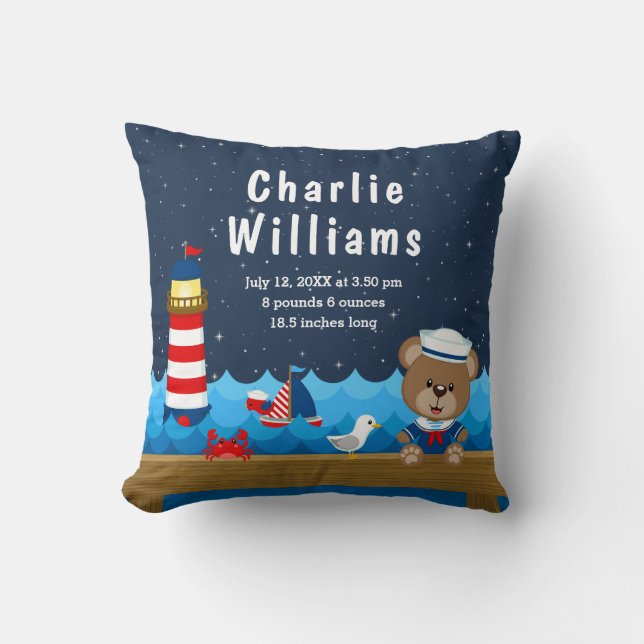 Coussin Nautical Boy Bear Statistiques de naissance de la  (Recto)