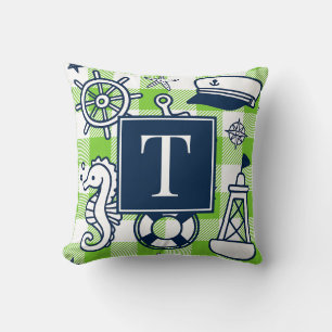 Coussin Nautical Doodles – Monogramme Gingham Vert Citron