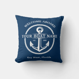 Coussin Nautical Navy Blue Welcome Aboard Nom du bateau An
