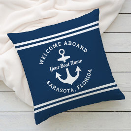 Coussin Nautical Navy Blue Welcome Aboard Nom du bateau An