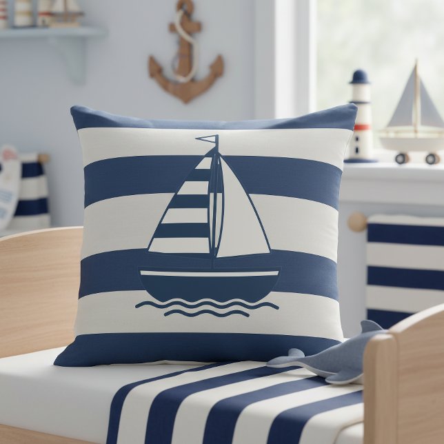 Coussin Nautical Sailboat & Stripe Navy White ID1255 (Créateur téléchargé)