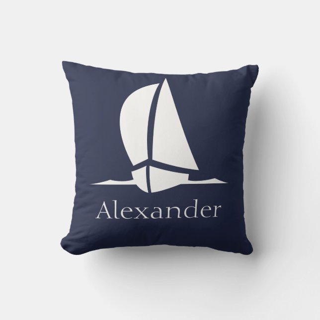 Coussin Nautical White Sailboat Navy blue Coastal Monogram (Recto)