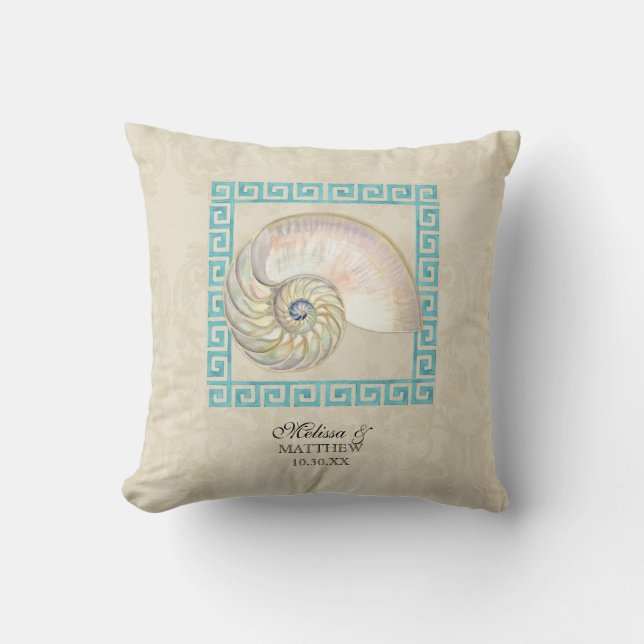 Coussin Nautilus Shell aquarelle grecque clé Damask plage (Recto)