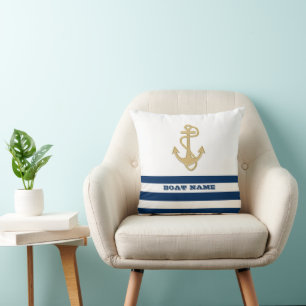 Coussin Nautique, Ancre d'Or Bleu Marine Rayures Blanches