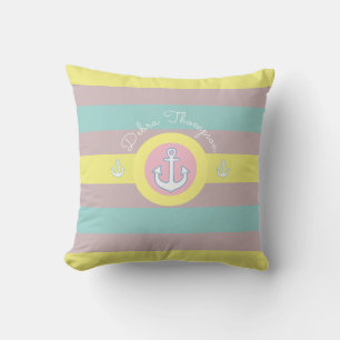 Coussin nautique avec ancre, rayé jaune, bleu et rose