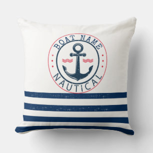 Coussin Nautique, nom du bateau, ancres à rayures bleu mar