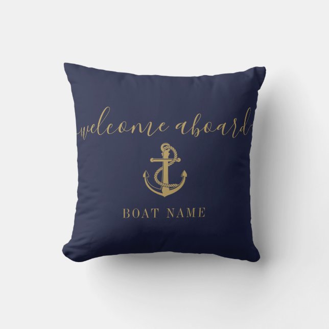 Coussin Nautique Nom du bateau Marine Blue Gold Welcome à  (Recto)