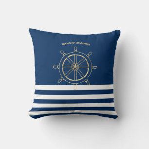 Coussin Nautique, Roue de bateau dorée, Rayures bleu marin