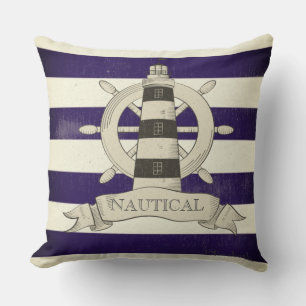 Coussin Nautique,Roue de Bateau,Rayes Bleues et Blanches