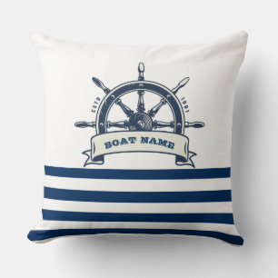 Coussin Nautique, Roue de Bateau, Rayures Bleu Marine et B