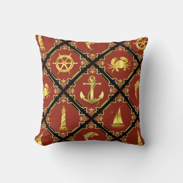 Coussin Nautique rouge/or/dauphin/voilier/ancre/crabe (Recto)