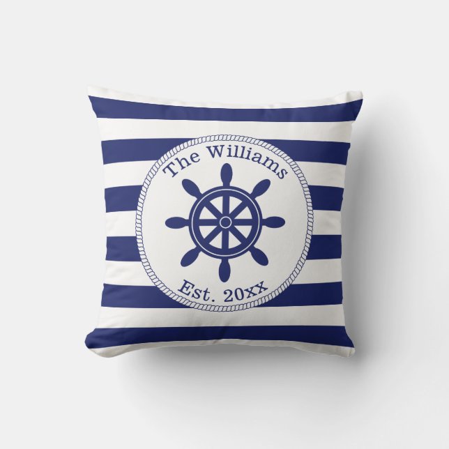 Coussin Navire nautique Roue Marine Blue Stripes Nom de fa (Recto)