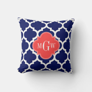 Coussin Navy Blanc Marocain #5 Corail Rouge 3 Initiale Mon