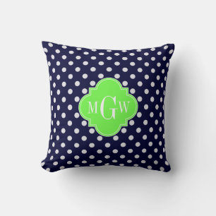 Coussin Navy Blanc pois verts Quatrefeuilles 3 Monogramme