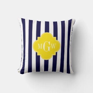 Coussin Navy Blanc Rayure Jaune Quatrefoil 3 Monogramme