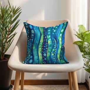 Coussin Navy Sarcelle Lime Bohème Rayé Ondulé