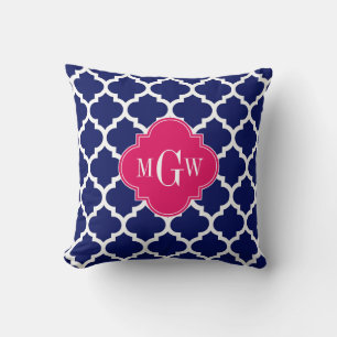 Coussin Navy Wht Marocain #5 framboise 3 Initiale Monogram