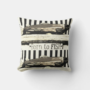 Coussin Né à la pêche, le motif du pêcheur sépia