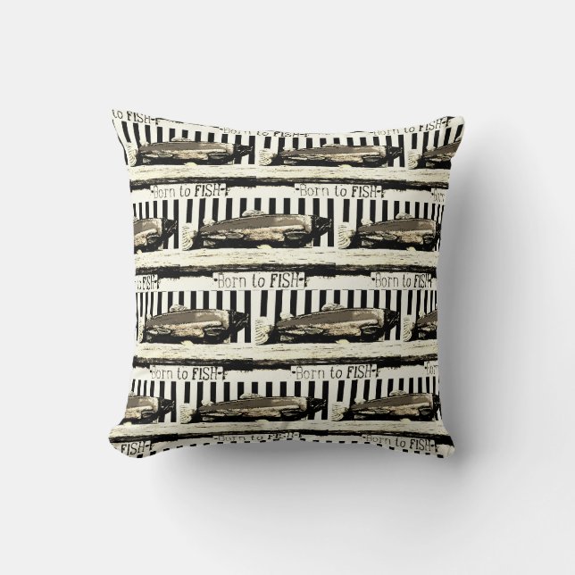 Coussin Né à la pêche, le motif du pêcheur sépia (Recto)
