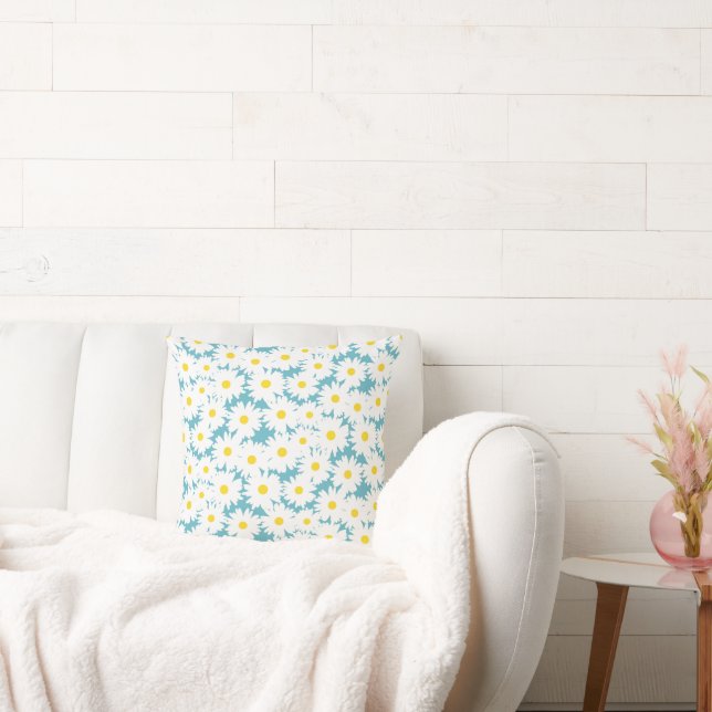 Coussin Négative Space Daisies blanc jaune sur bleu (Canapé)