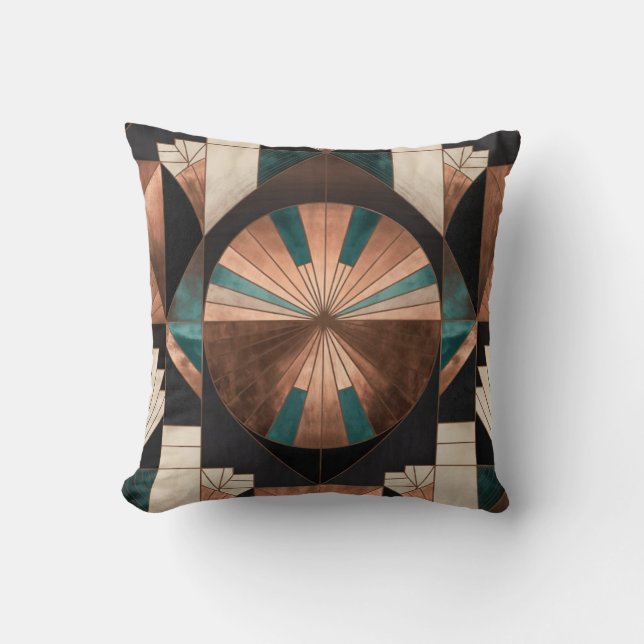 Coussin Neo Art Deco Geometric Teal Copper Gold Sunburst (Recto)