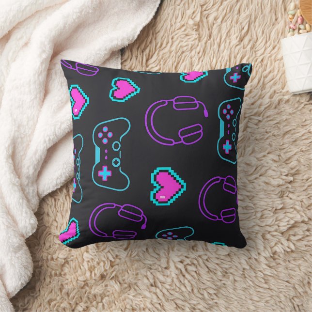 Coussin Neon Gamer Controller and Hearts Pattern (Couverture)