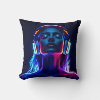 Coussin Neon Music Meditation – Woman with Headphones Art