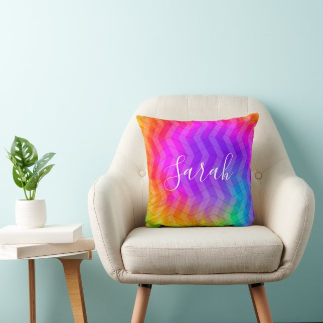 Coussin Neon Rainbow Tie Dye Herringbone Nom du monogramme (Chaise)