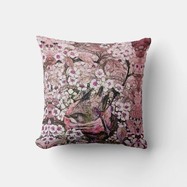 COUSSIN NEST D'OISEAU, ARBRE AVEC FLEURS DE PRINTEMPS ROSE (Recto)