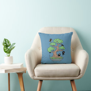 Coussin Ninjas minuscules dans l'arbre Bonsai en bleu