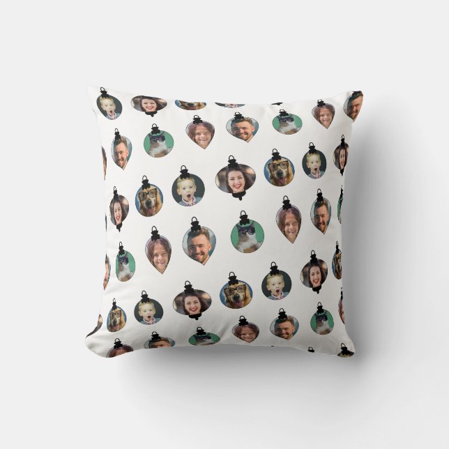Coussin Noël Amusant Famille Visages Ornements Blanc (Recto)