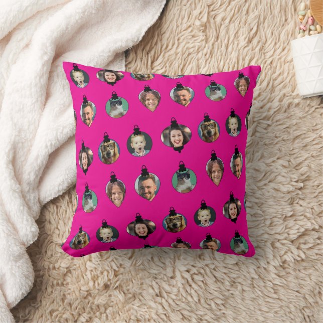 Coussin Noël Amusant Famille Visages Ornements Rose (Couverture)
