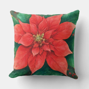 Coussin Noël au poinsettia rouge aquarelle