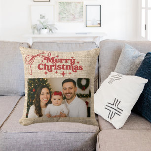 Coussin Noël beige toile de jute photo ruban rouge dessiné