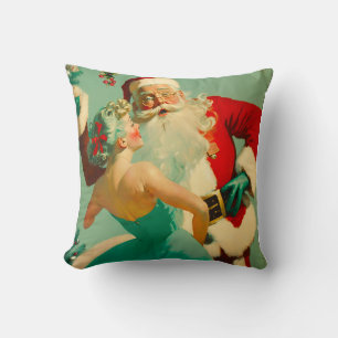 Coussin Noël bleu vintage "Baiser le Père Noël"