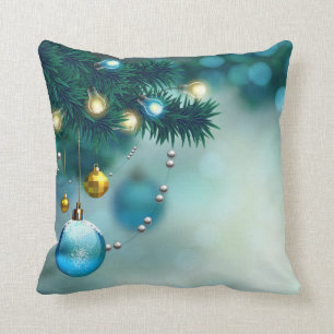 Coussin Noël décoratif de boule de bleu et d'or de neige
